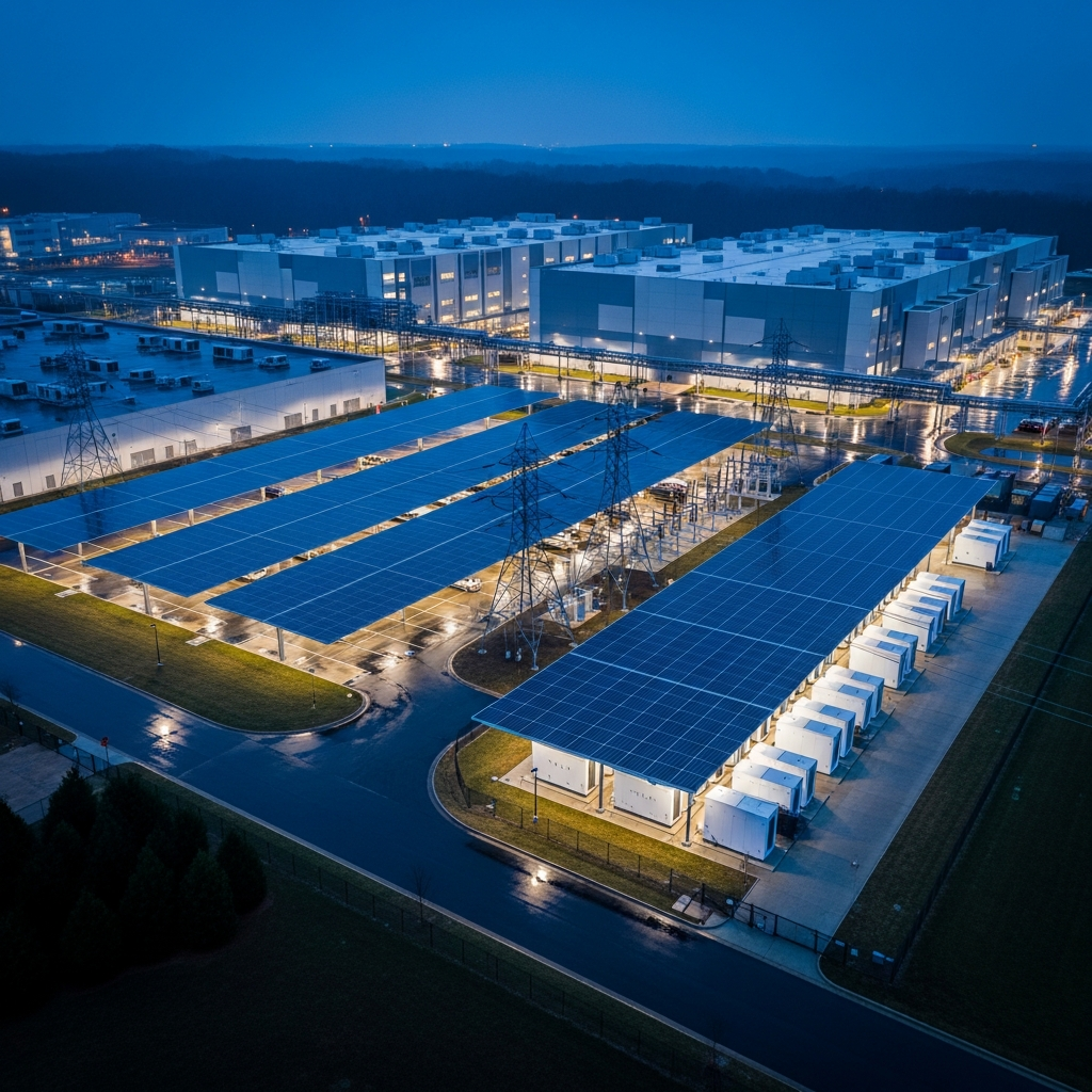 AI data center microgrid with solar panels and battery storage infrastructure