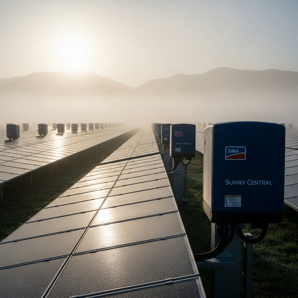 Utility-scale solar farm with inverter station at sunrise
