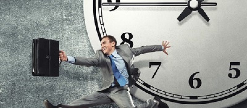Concept of time with funny businessman running in a hurry